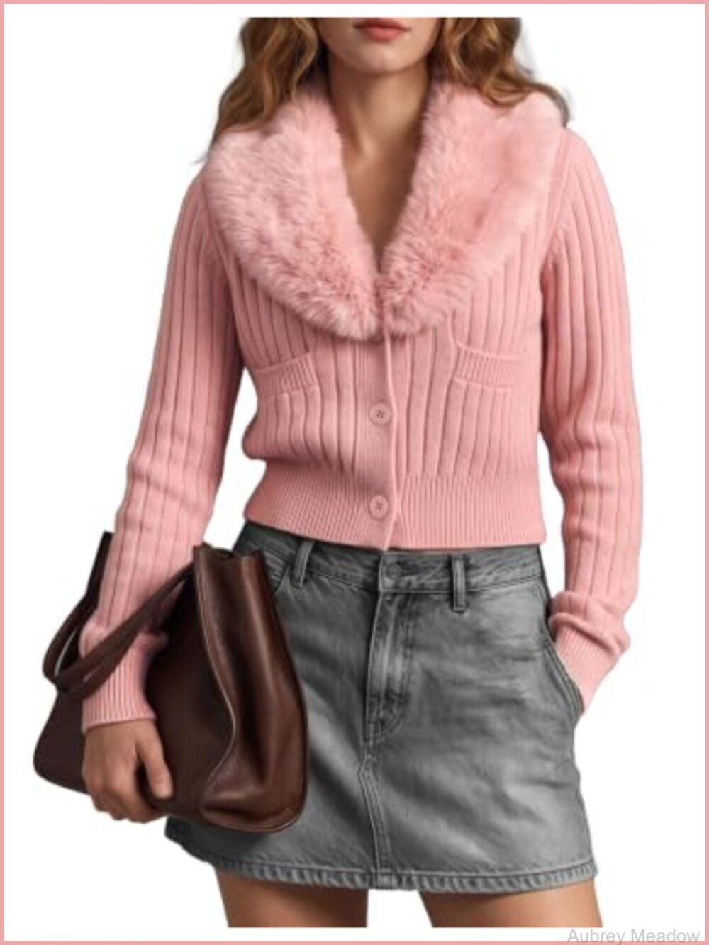 Ribbed Knit Faux Fur Collar Cropped Cardigan Sweater